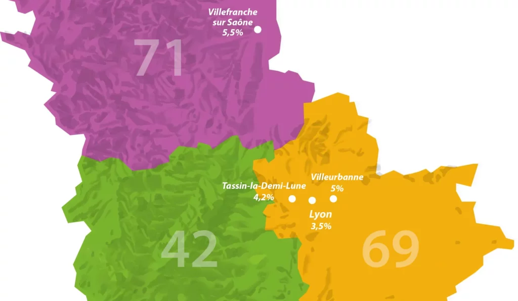 Carte autour de Lyon montrant 3 villes aux bons taux de rentabilité