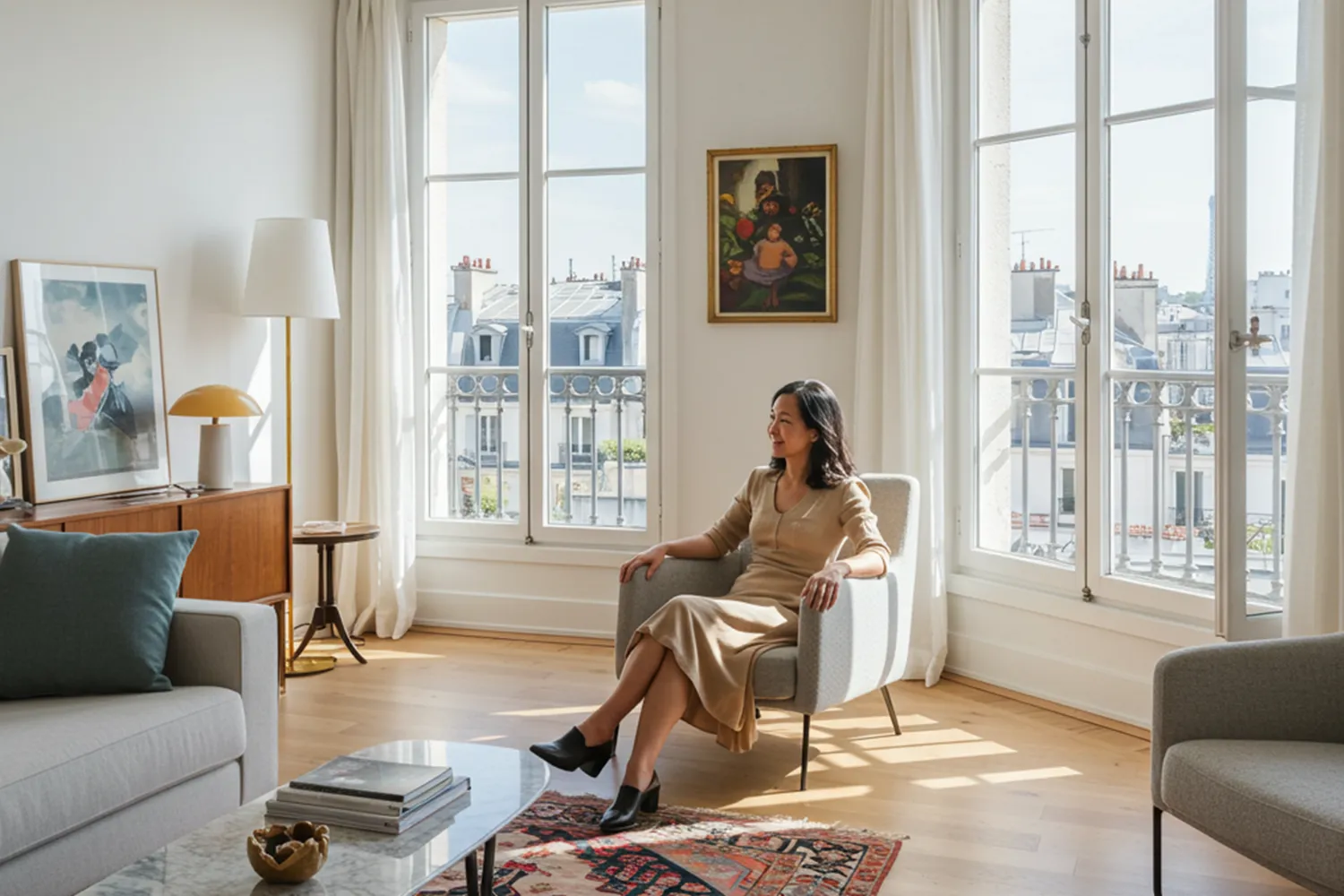 Femme de 40 ans assise dans un fauteuil et heureuse dans son appartement RE2020, de grandes baies vitrées éclairent une pièce très lumineuse