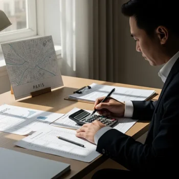 investisseur immobilier effectuant des calculs devant un plan de Paris, stylo à la main il cherche à connaitre la rentabilité d'un futur investissement
