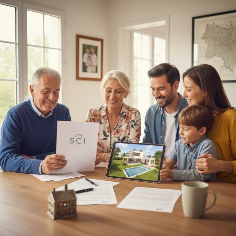 Famille autour d'une table le plus agé tient un contrat de SCI familiale dans la main, tout le monde est heureux