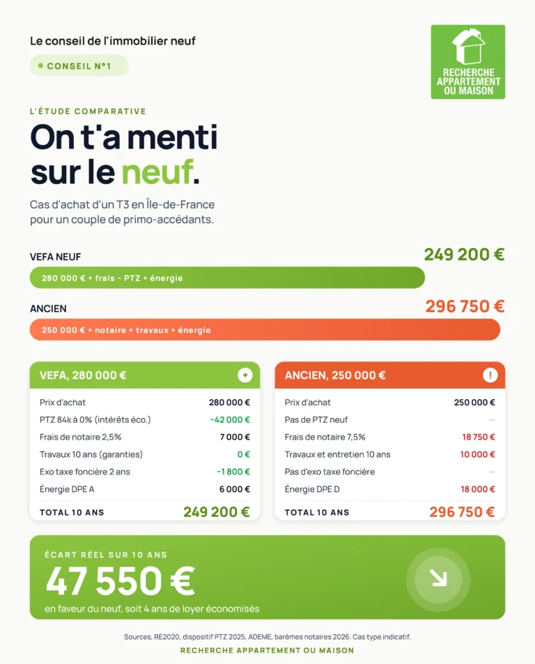 étude comparative entre un achat immobilier neuf Vs ancien, sur 10 ans le neuf est moins cher de 47 550 €