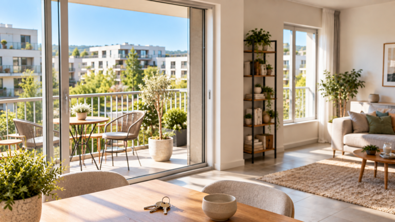 Intérieur lumineux d’un appartement avec salon et balcon aménagé donnant sur des immeubles résidentiels récents