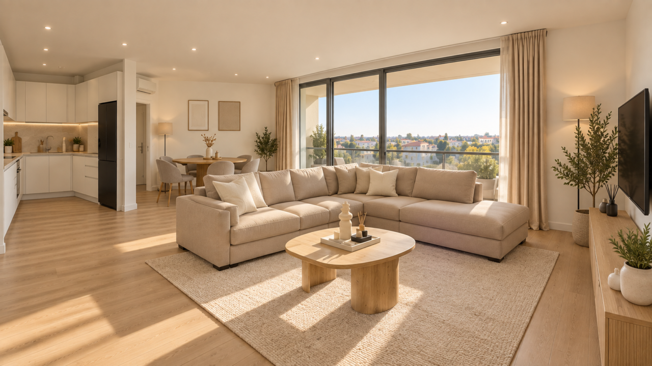 Salon lumineux d’un appartement neuf avec canapé beige, cuisine ouverte et grande baie vitrée, idéal pour un investissement locatif meublé LMNP sans travaux