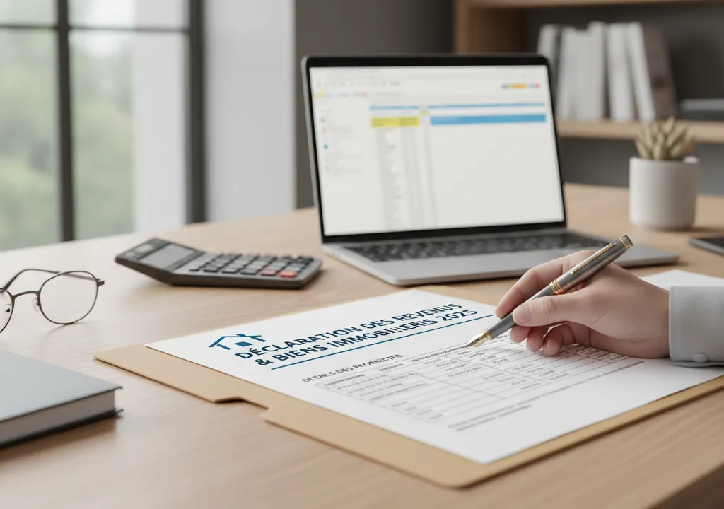 Bureau avec ordinateur et calculatrice, une personne remplit ce qui semble être la déclaration de biens immobiliers 2025.