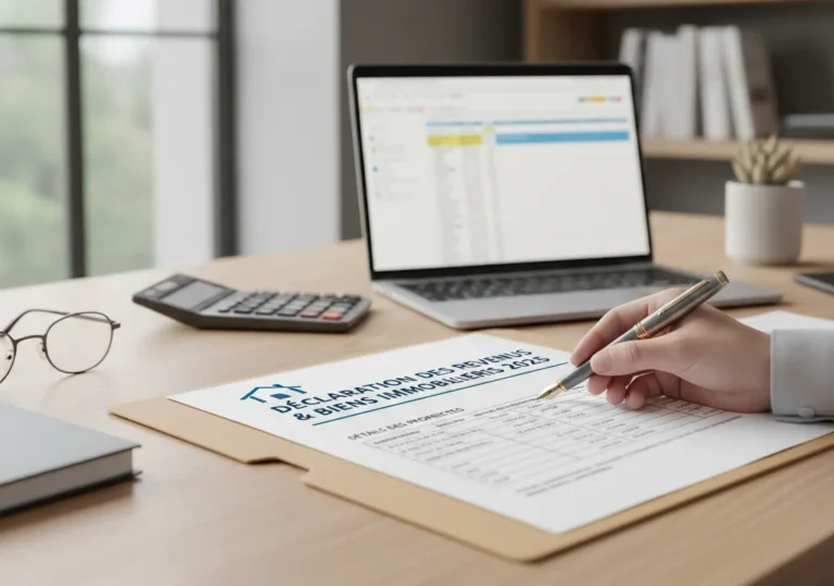 Bureau avec ordinateur et calculatrice, une personne remplit ce qui semble être la déclaration de biens immobiliers 2025.