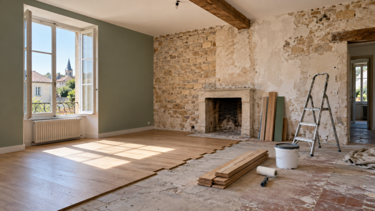 Pièce d’un logement ancien en cours de rénovation avec murs en pierre, cheminée, échelle et matériaux de chantier