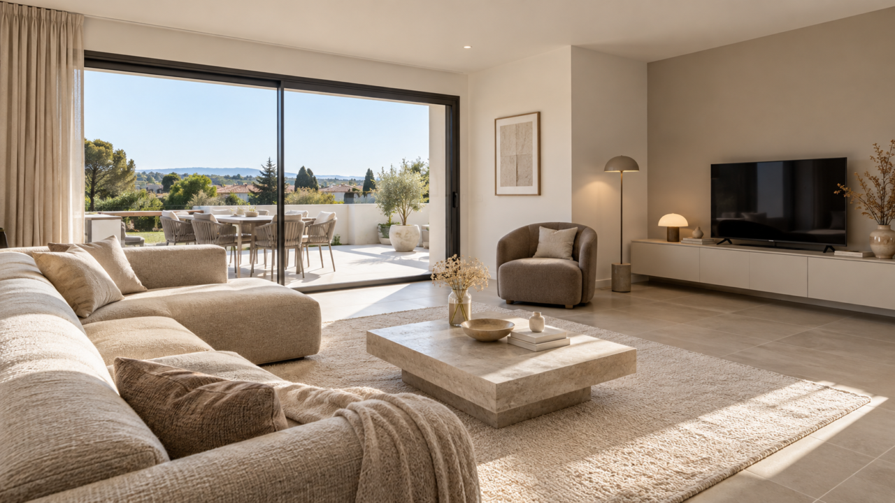 Salon lumineux d’une maison neuve avec canapé, télévision et grandes baies vitrées donnant sur une terrasse