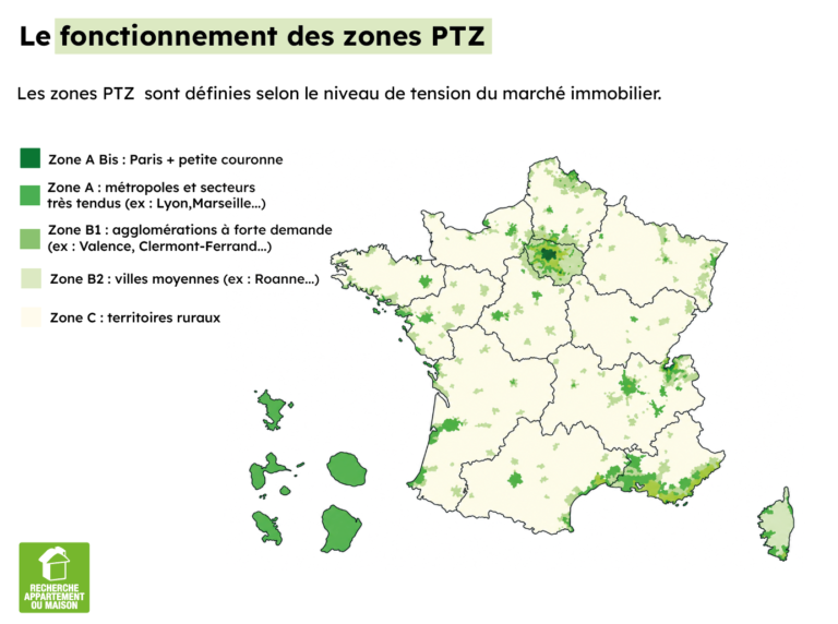 Carte des zones PTZ en France : répartition des zones A bis, A, B1, B2 et C selon la tension du marché immobilier pour le Prêt à Taux Zéro (PTZ)