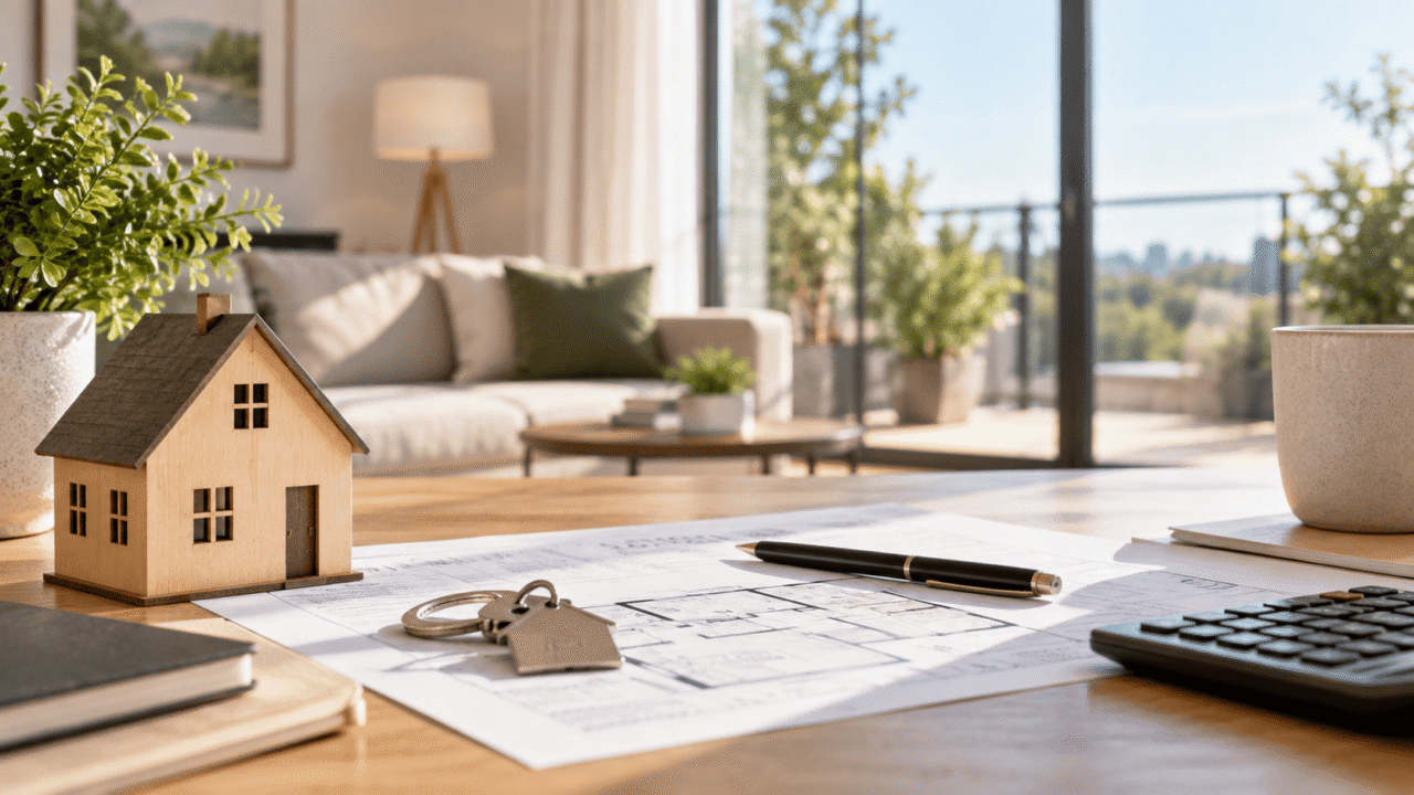 Maquette de maison, clés et plans immobiliers posés sur une table dans un appartement moderne et lumineux