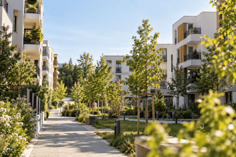 Résidence moderne entourée d’espaces verts, avec plusieurs immeubles récents, des arbres et une allée piétonne paysagée