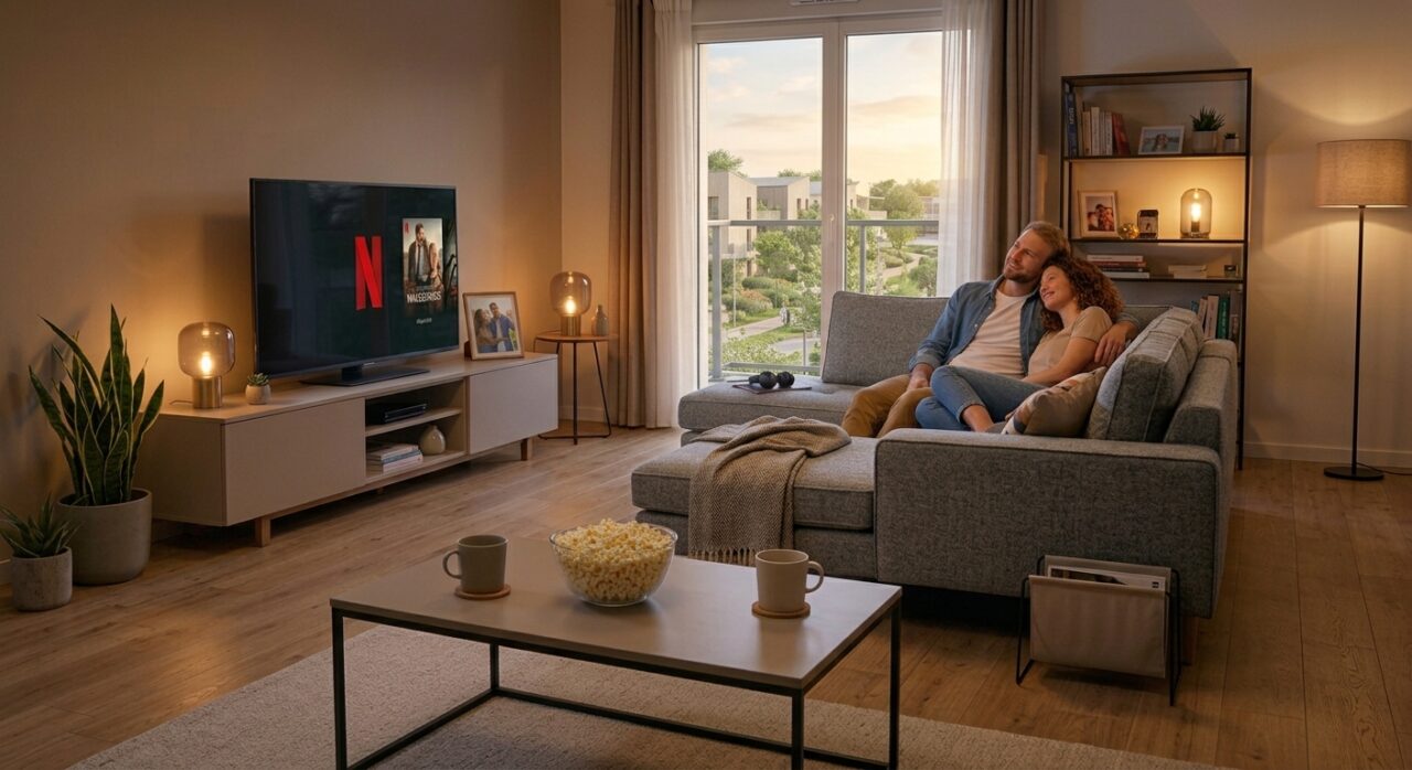 couple primo accédant se reposant devant netflix sereins dans leur logement neuf