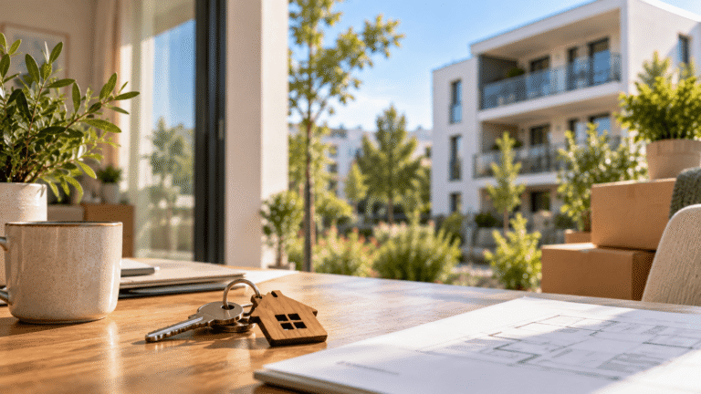 Clés d’un logement neuf posées sur une table, avec une résidence moderne en arrière-plan, illustrant l’accession à la propriété avec le PSLA