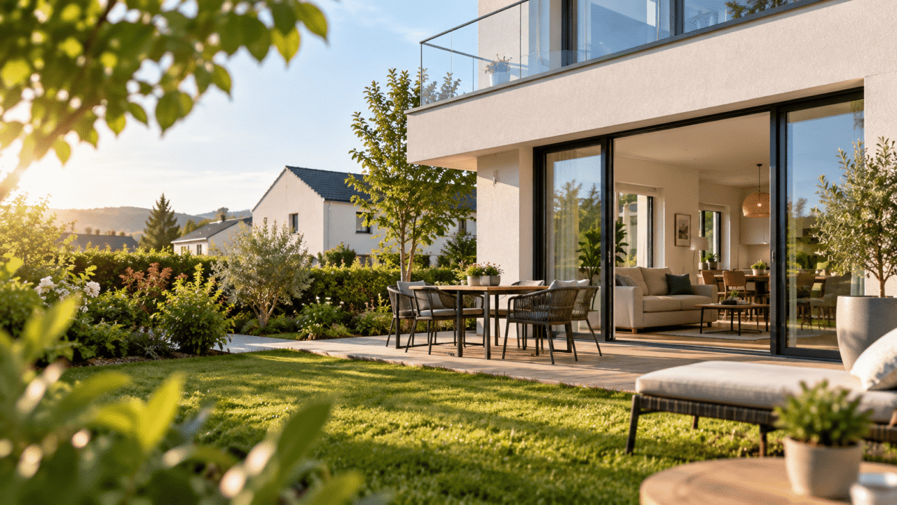 Maison moderne avec jardin et terrasse, illustrant une résidence principale dans un environnement résidentiel calme et lumineux