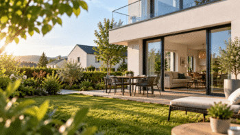 Maison moderne avec jardin et terrasse, illustrant une résidence principale dans un environnement résidentiel calme et lumineux